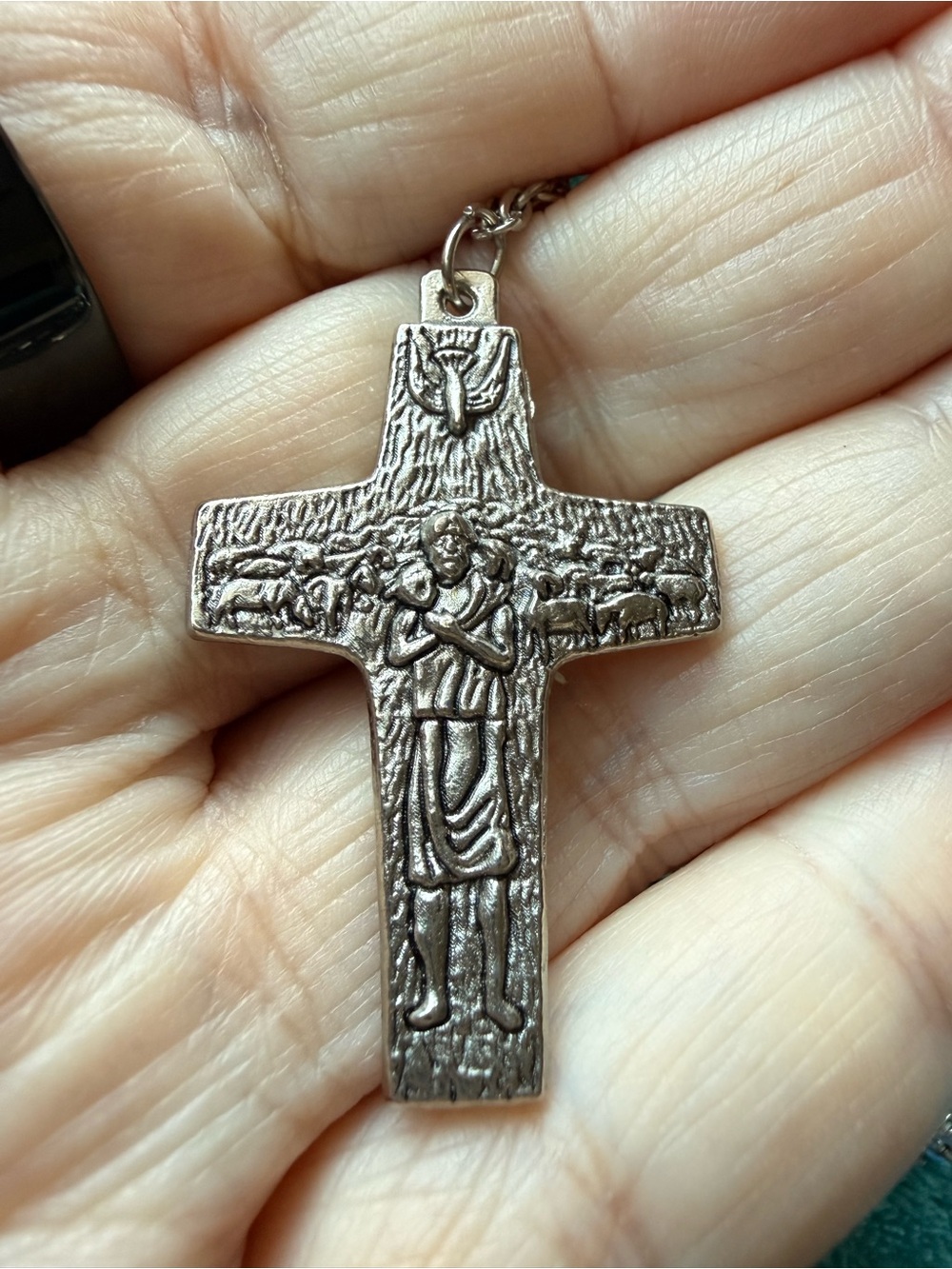 Silver-Tone Good Shepherd Cross Pendant Necklace - Religious Women Jewelry